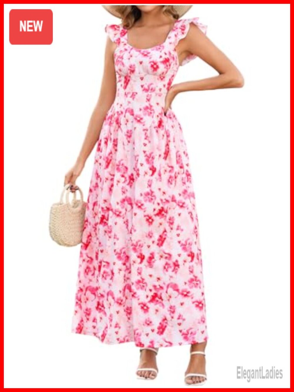 Floral Maxi Dress Smocked Back Ruffle Strap Beach Vacation Sundress